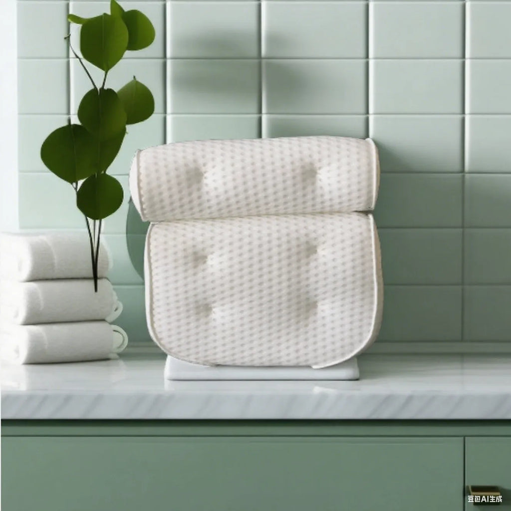 White 3D mesh bathtub pillow with seven suction cups for non-slip placement