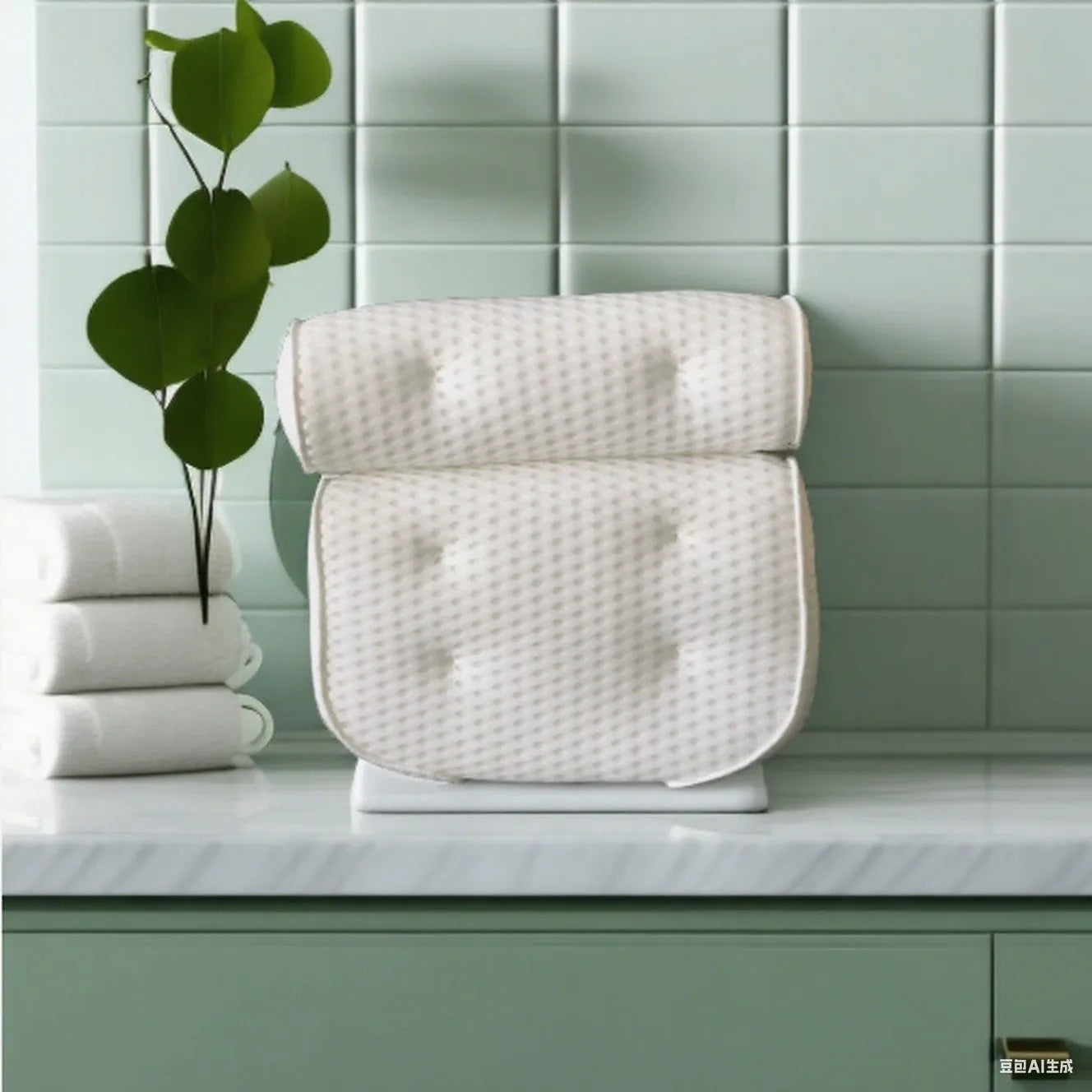 White 3D mesh bathtub pillow with seven suction cups for non-slip placement