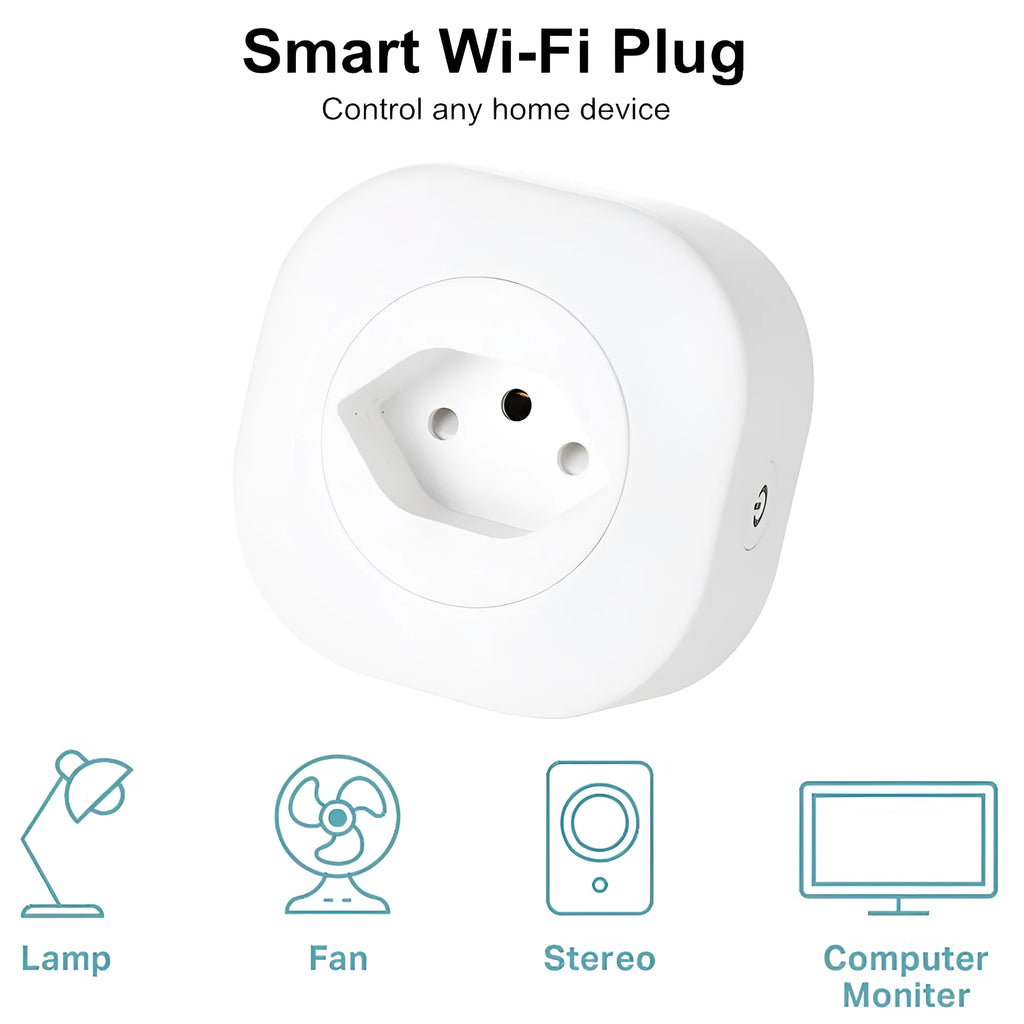 A white smart socket plug with EU-style pins, showing WIFI and voice control symbols on its face.