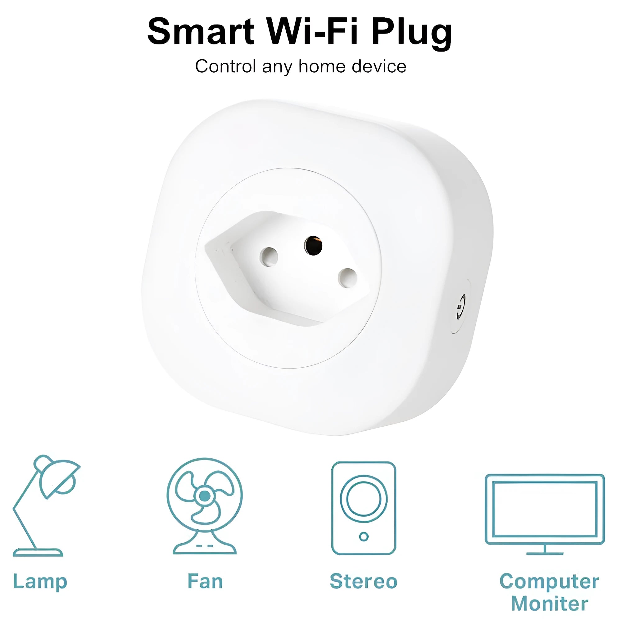 A white smart socket plug with EU-style pins, showing WIFI and voice control symbols on its face.