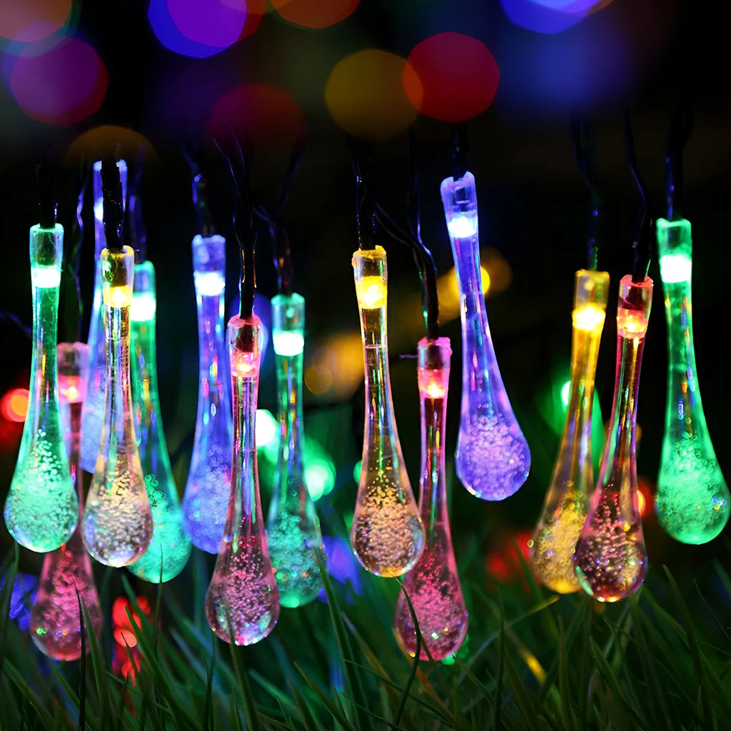 6.5 metre solar LED outdoor string lights with waterproof bubble drop pendants on 30 bulbs