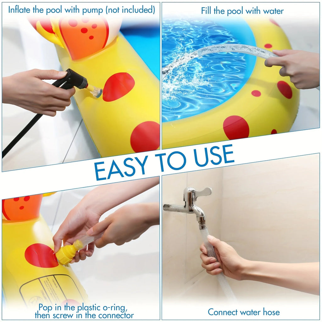 Blue dinosaur-shaped inflatable water spray pool with shark design for kids outdoor play