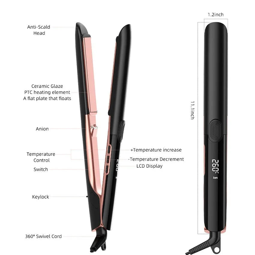 Hair straightener with ceramic plates showing temperature display and EU power specification