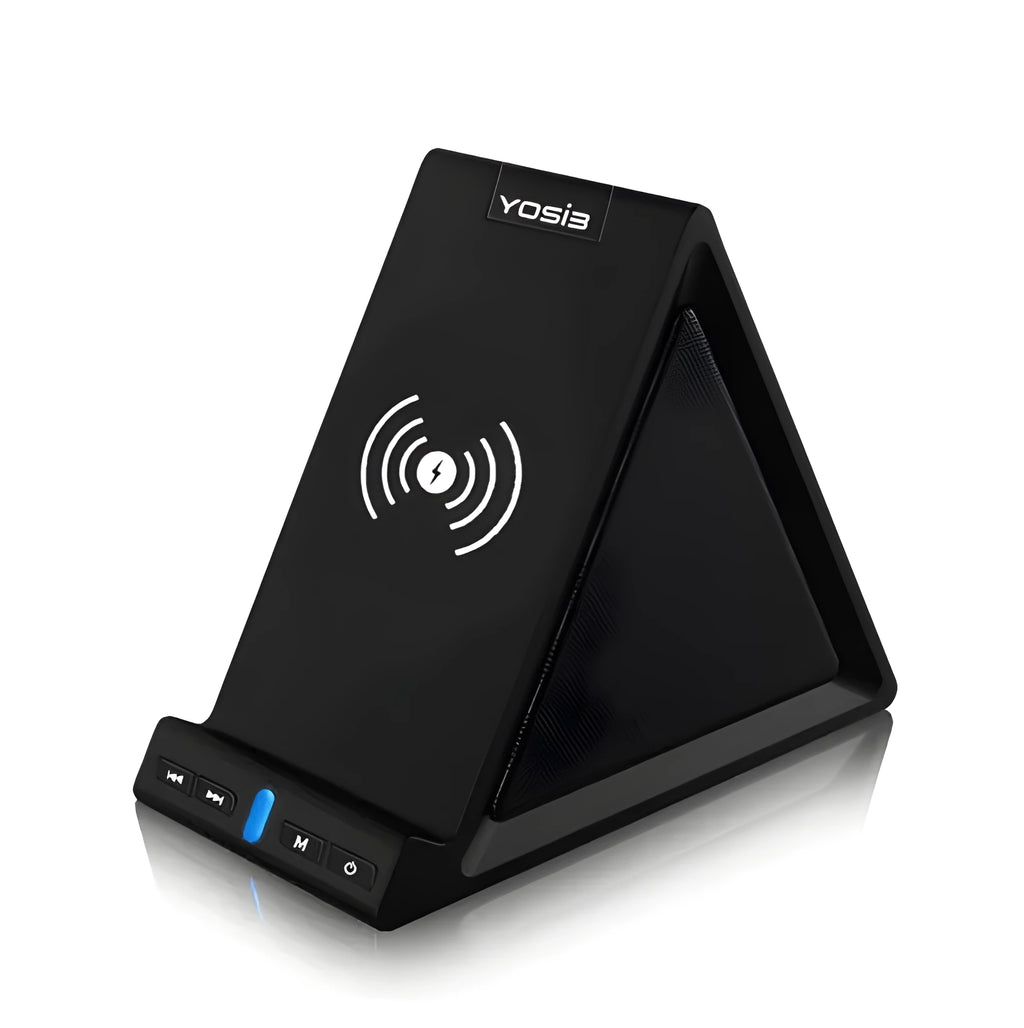 Black multifunctional Bluetooth speaker with built-in mobile phone stand and power bank charging port.