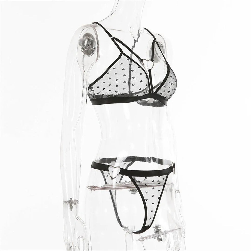 Women's black mesh spandex two-piece set with crop top and leggings.