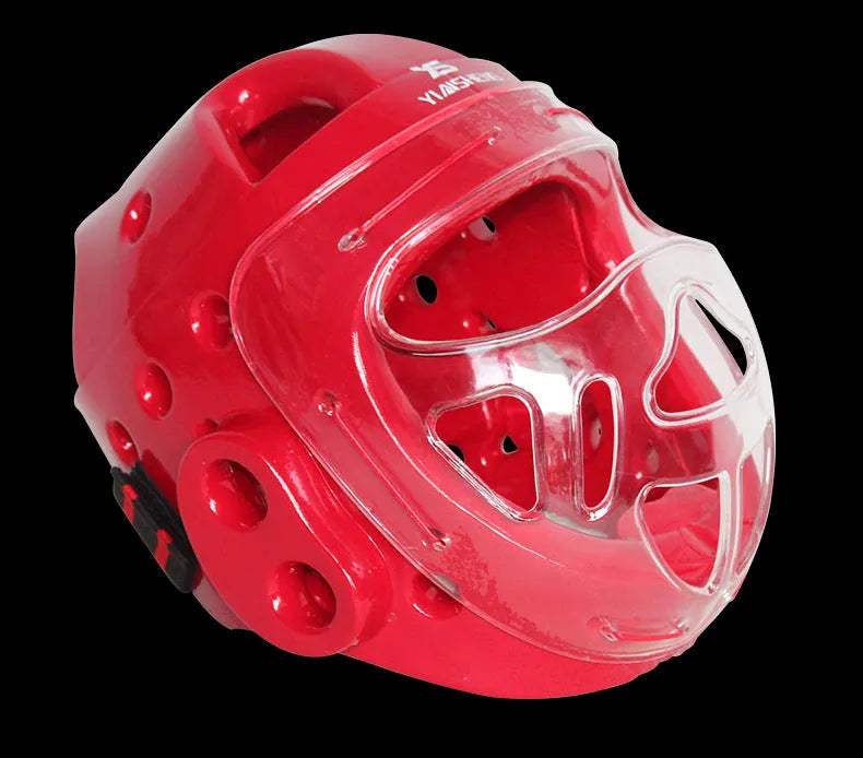Karate training helmet for head protection, shown in blue colour.