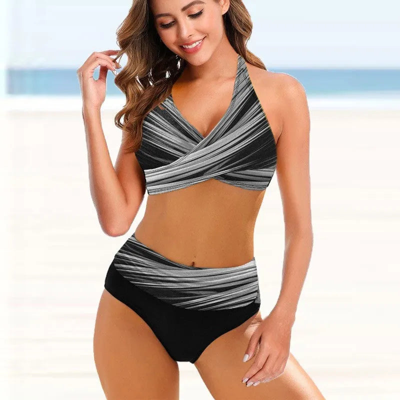 Ladies striped tie-dye hollow bikini swimsuit with high waist and backless design