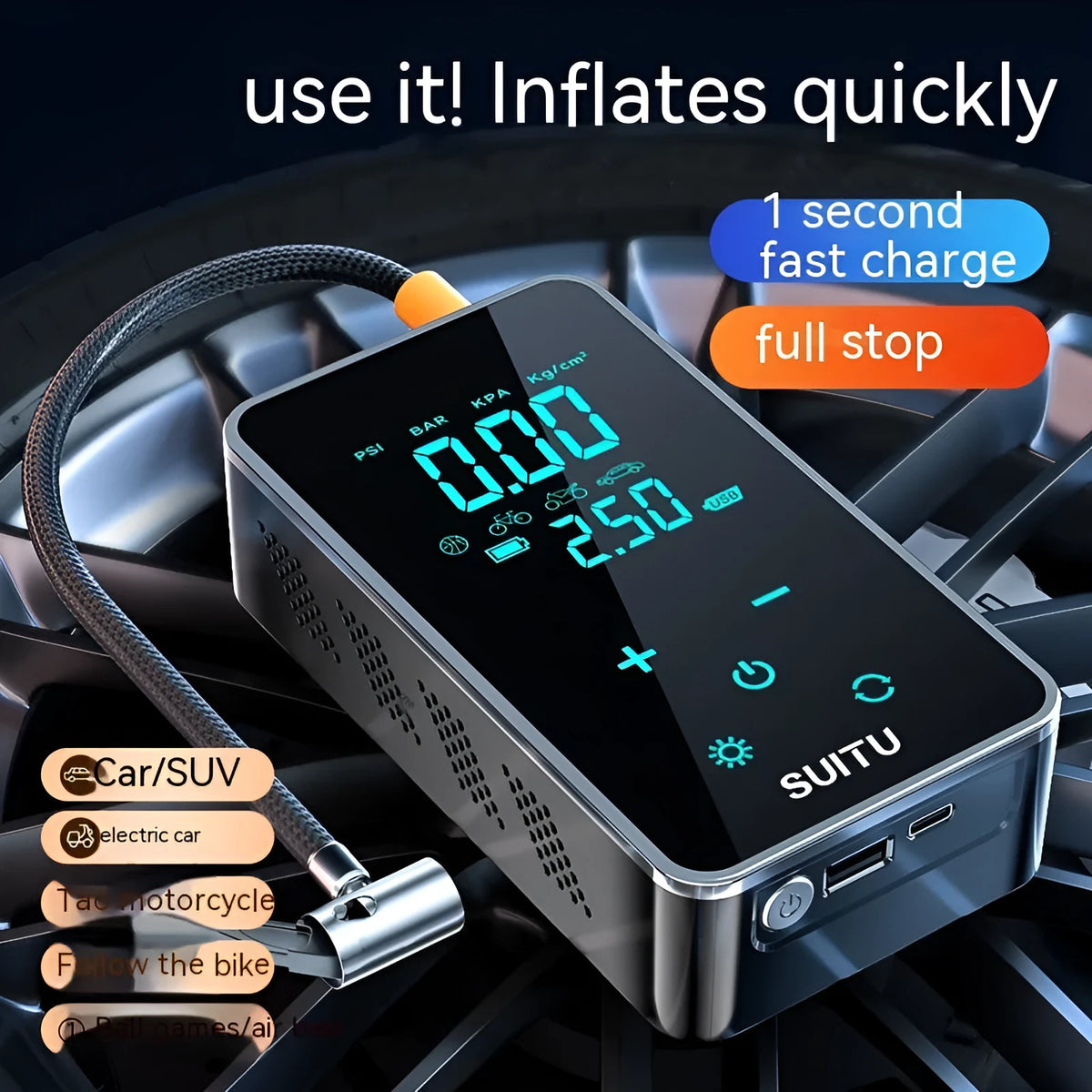 ST-9616C black wireless car tyre inflator with LCD screen and coiled air hose on a grey background