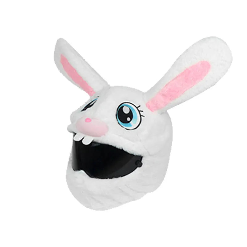 White long-eared rabbit head plush cover on an electric motorcycle helmet.