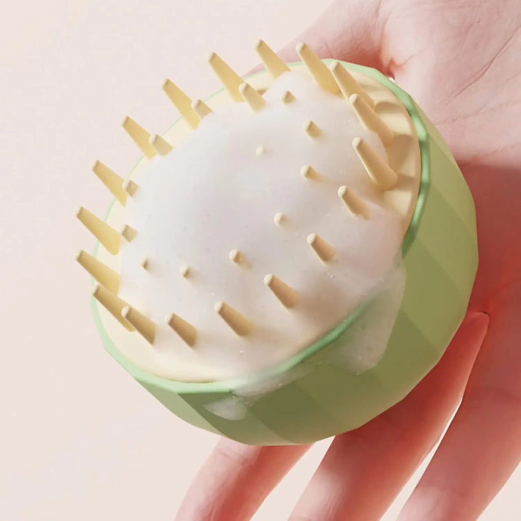 Green pet shampoo massage brush with drain holes for dog and cat bath grooming