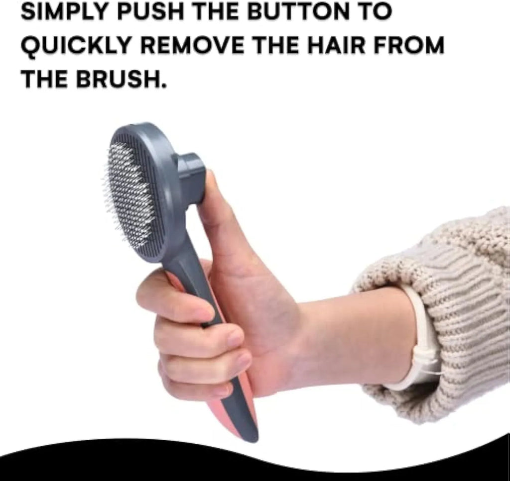 Self cleaning pet grooming brush with one-click button and comfort-grip handle