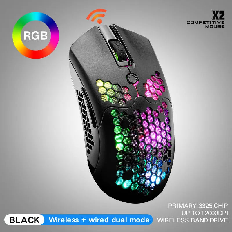 Free Wolf X2 wireless gaming mouse in black, green, pink, white, or yellow with RGB lighting.
