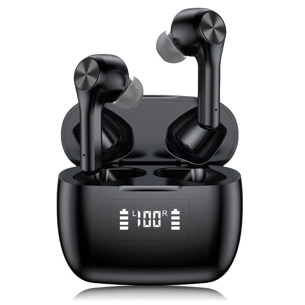 Cool black wireless noise cancelling earphones with touch controls and charging case.