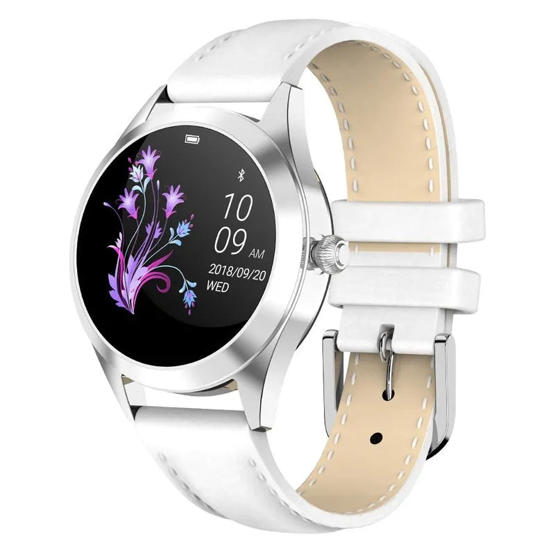 Women's sports smartwatch showing heart rate monitoring and smartphone connectivity features