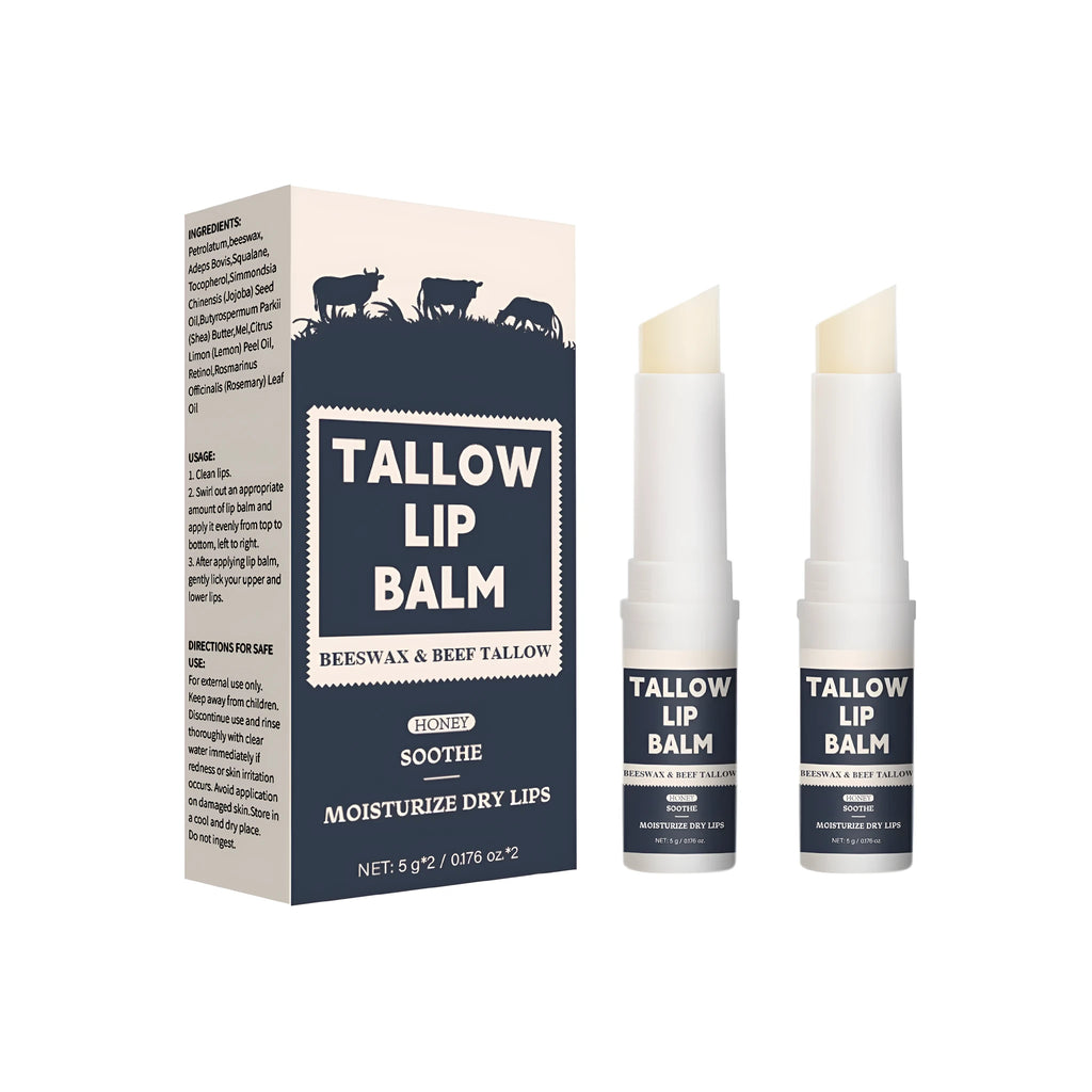 Two soft grain tubes of beef fat lip balm for dry and neutral skin