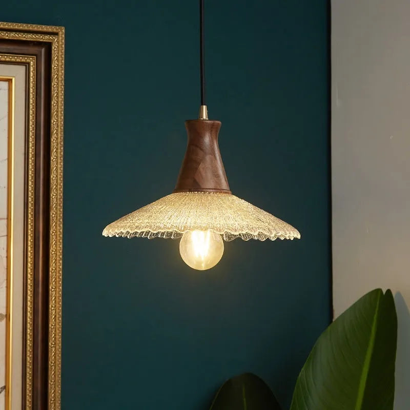 Woodcraft brass and glass ceiling chandelier for restaurant lighting in three available sizes.
