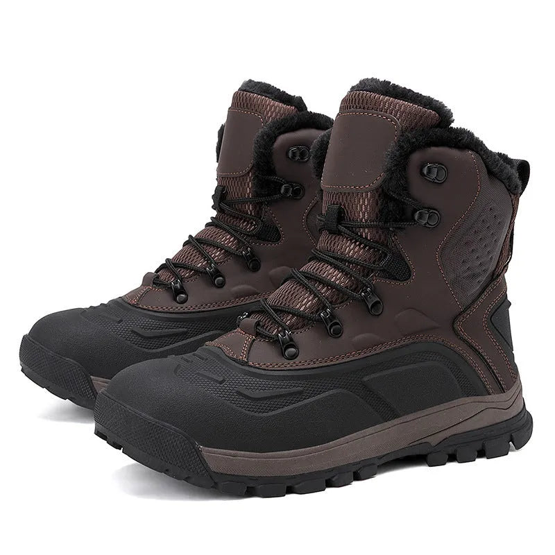 Men's black and khaki high-top boots with fleece lining and lace-up front.