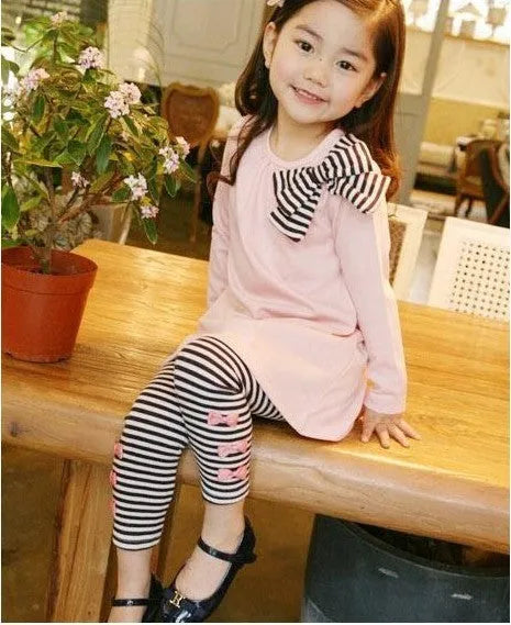 Pink girls cotton clothing set shown in sizes 110cm, 120cm, 130cm, and 140cm.