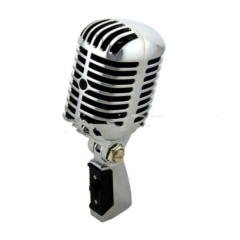 Classical retro stage microphone in gold finish with all-metal construction and heart-shaped pickup pattern
