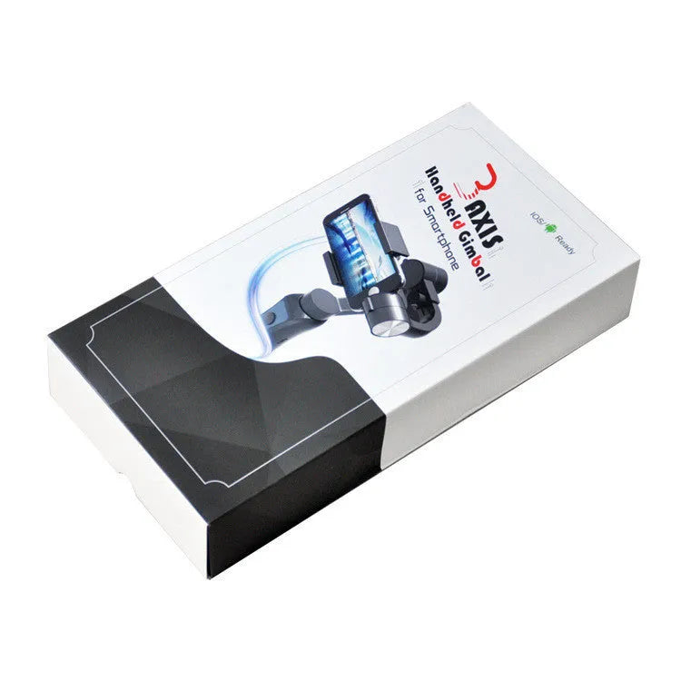 Black three-axis mobile phone gimbal stabilizer for smartphones under 6.5 inches with adjustable rotation speeds