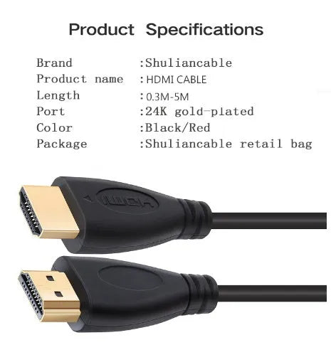 Gold-plated male HDMI cable on a white background, available in lengths from 0.3 to 5 metres.