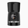 Black automatic pet feeder with display screen and food dispensing bowl for dogs and cats