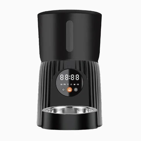 Black automatic pet feeder with display screen and food dispensing bowl for dogs and cats
