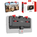 Black PG-9137 mobile phone gaming bracket showing the hidden trigger on the back and telescopic fixing clip.