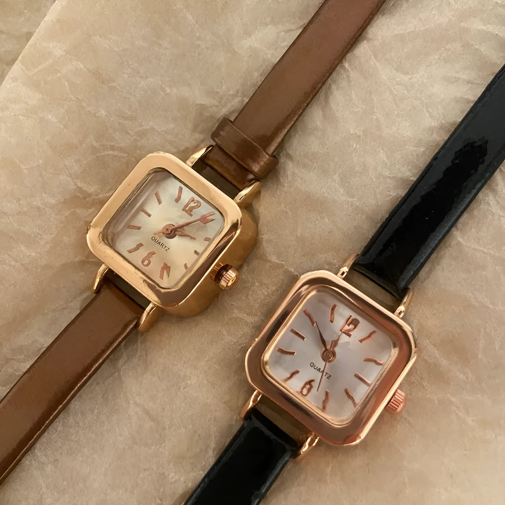 Women's fashion watch with art retro design, alloy case, shown in black, white, pink, and brown colour options.