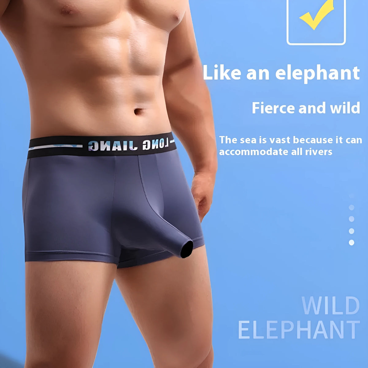Men's ice silk trunk open boxers in grey blue, showing mid-waist and solid colour design.