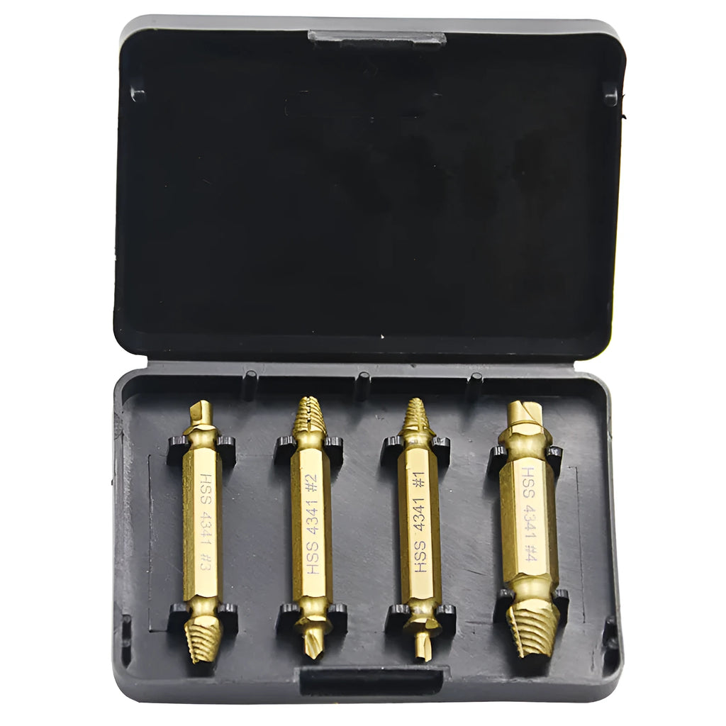 Five-piece 4341 high-speed steel screw extractor set for removing stripped screws and metal nails