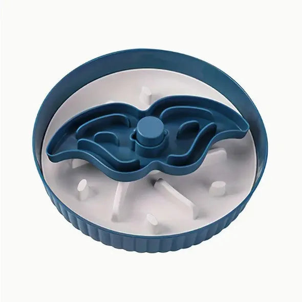 Rotating pet slow feeder bowl with game board surface and removable silicone licking mat in blue.