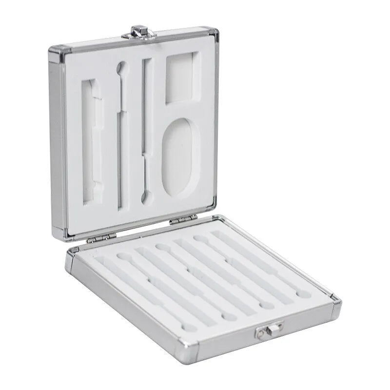 Silver aluminium storage box for a soldering iron with dimensions 154mm by 147mm