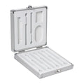 Silver aluminium storage box for a soldering iron with dimensions 154mm by 147mm
