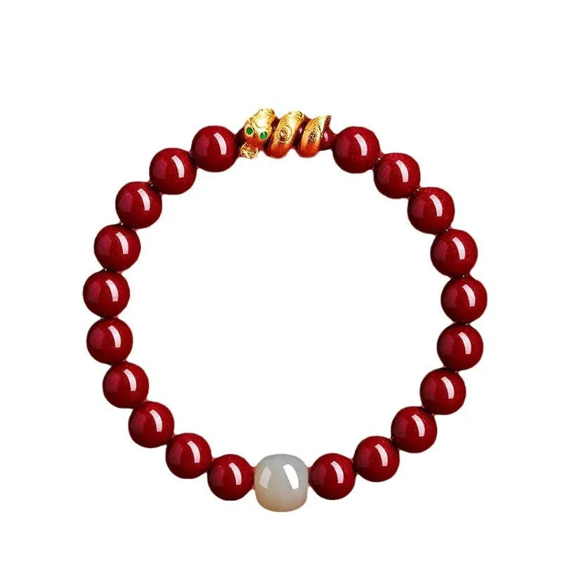 Handmade cinnabar Chinese zodiac snake bracelet with traditional bead design