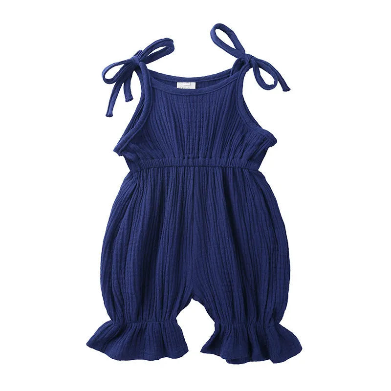 Baby girls sleeveless cotton romper jumpsuit in solid colours, sizes 70-110