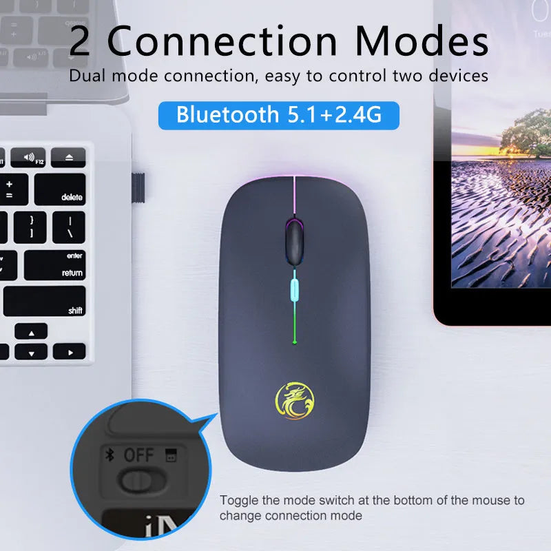 Black and white dual-mode wireless mouse with luminous charging indicator and silent click design