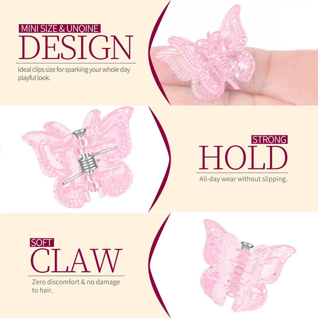 Set of 50 small glitter butterfly hair claw clips in assorted colours on a white background.