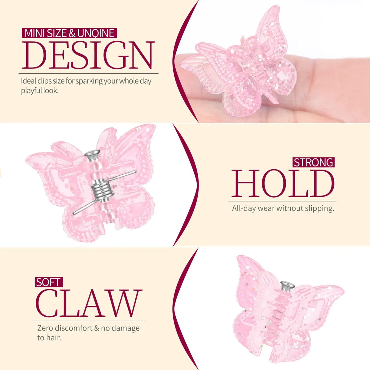 Set of 50 small glitter butterfly hair claw clips in assorted colours on a white background.