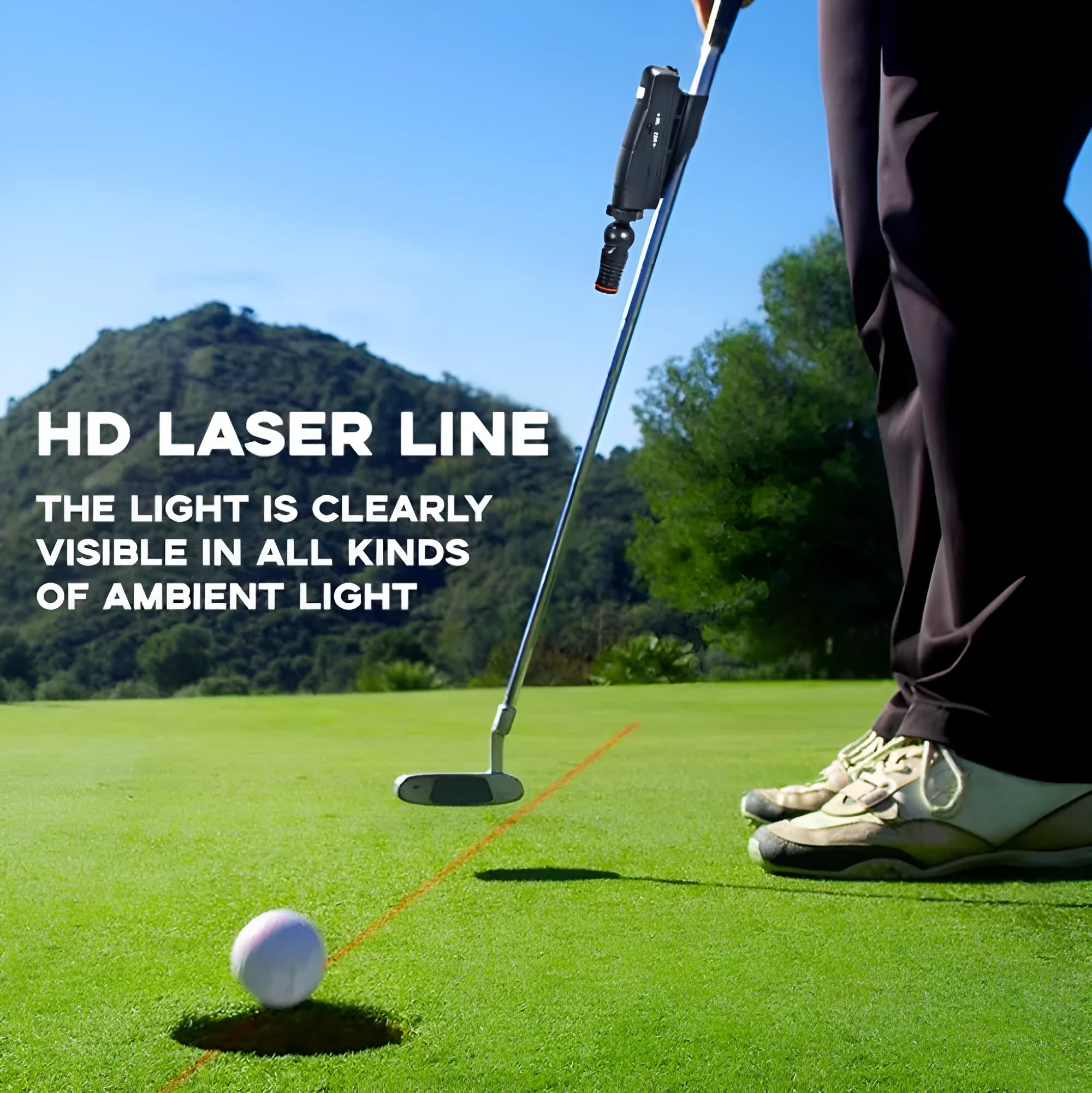 Black golf putter laser aiming sight mounted on a club shaft