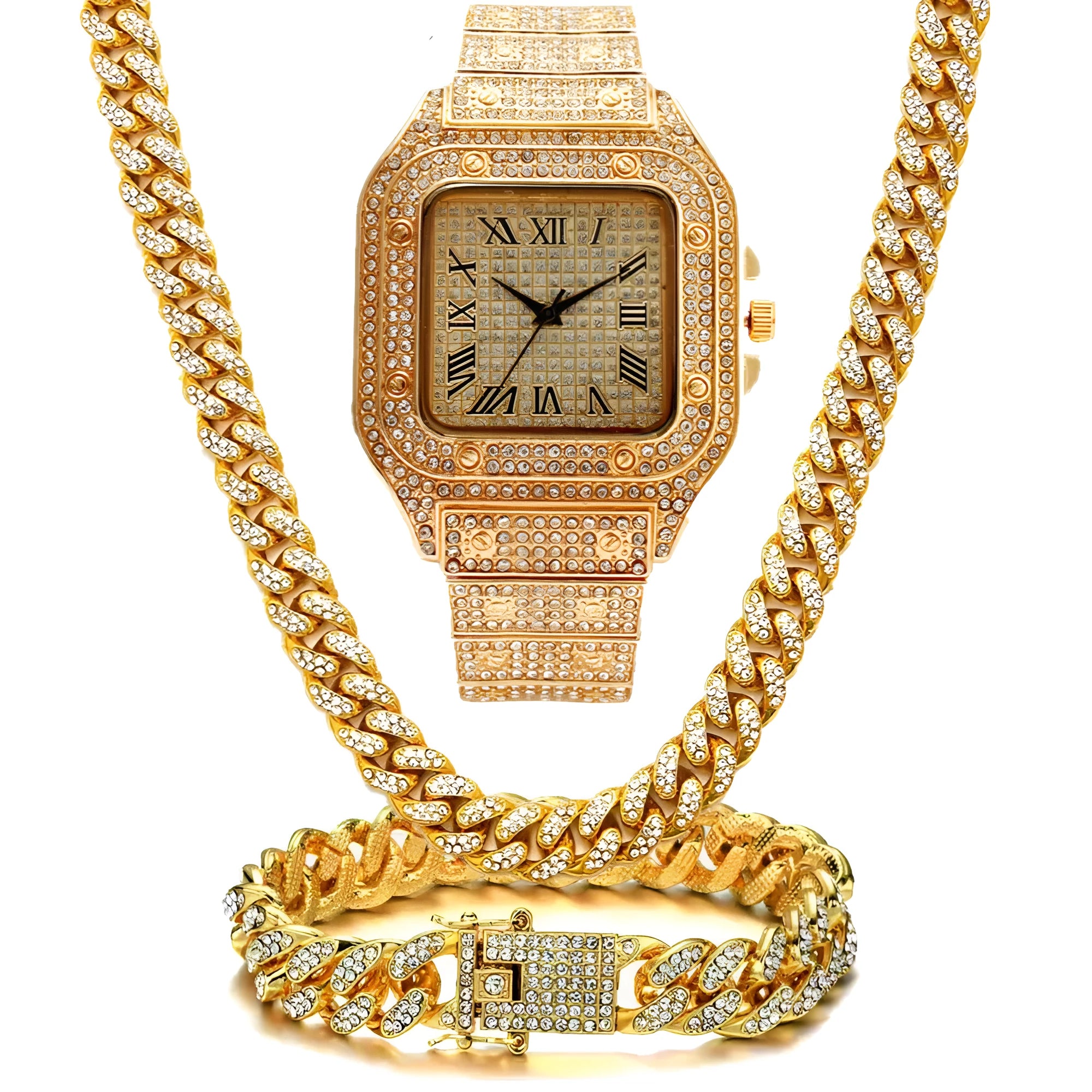 Roman grain quartz watch set with square dial, black mesh band, bracelet, and necklace in gold tone.