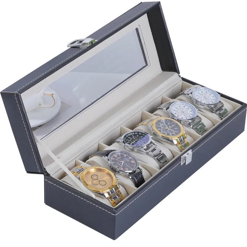 Grey high-grade leather watch storage box with transparent lid showing watch slots inside.