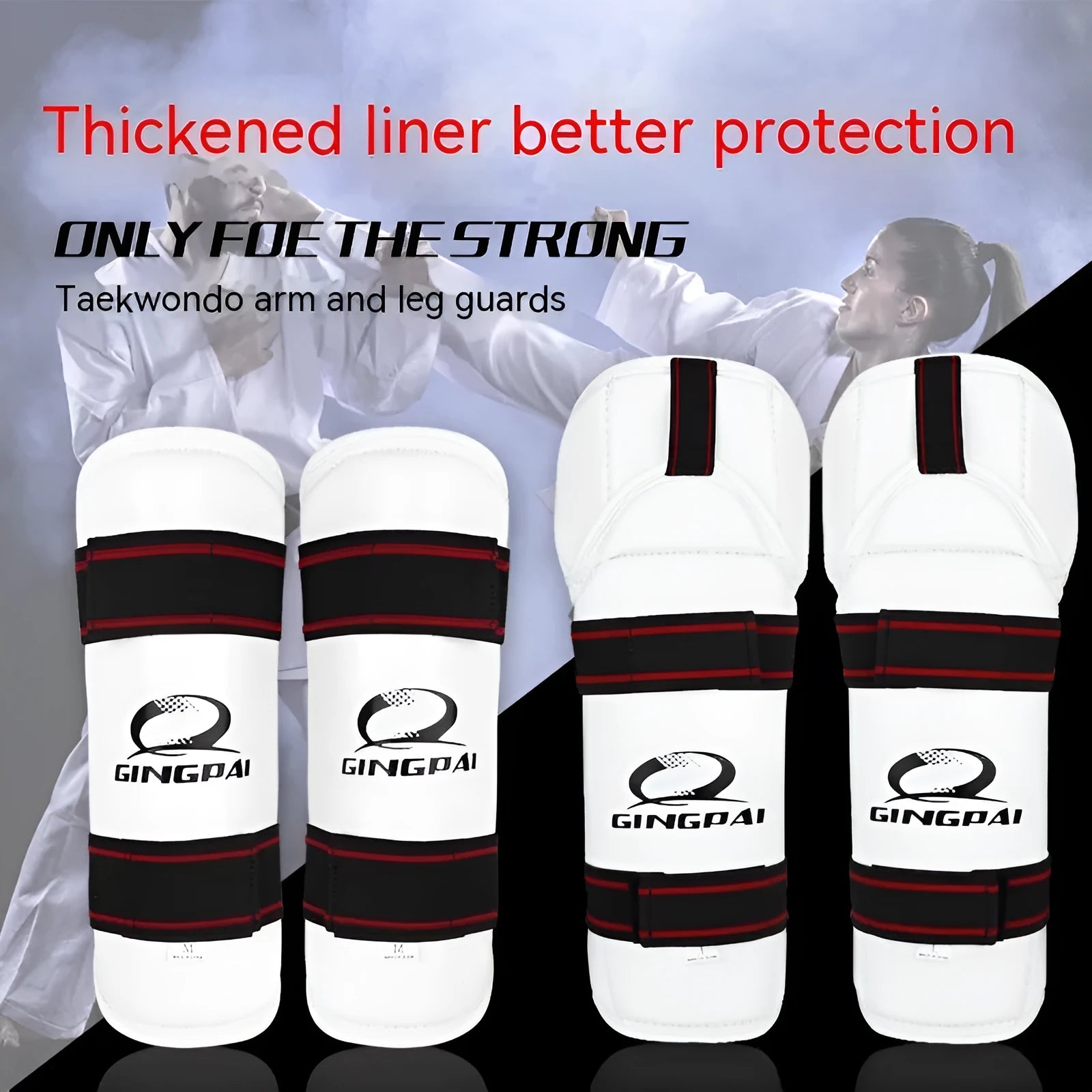 Taekwondo protective gear set showing PU EVA foam arm bands and leggings in sizes S M L XL.