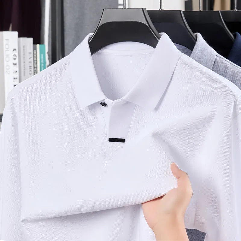 Men's cotton polo shirt in loose fit with lapel collar shown in available colours with size chart
