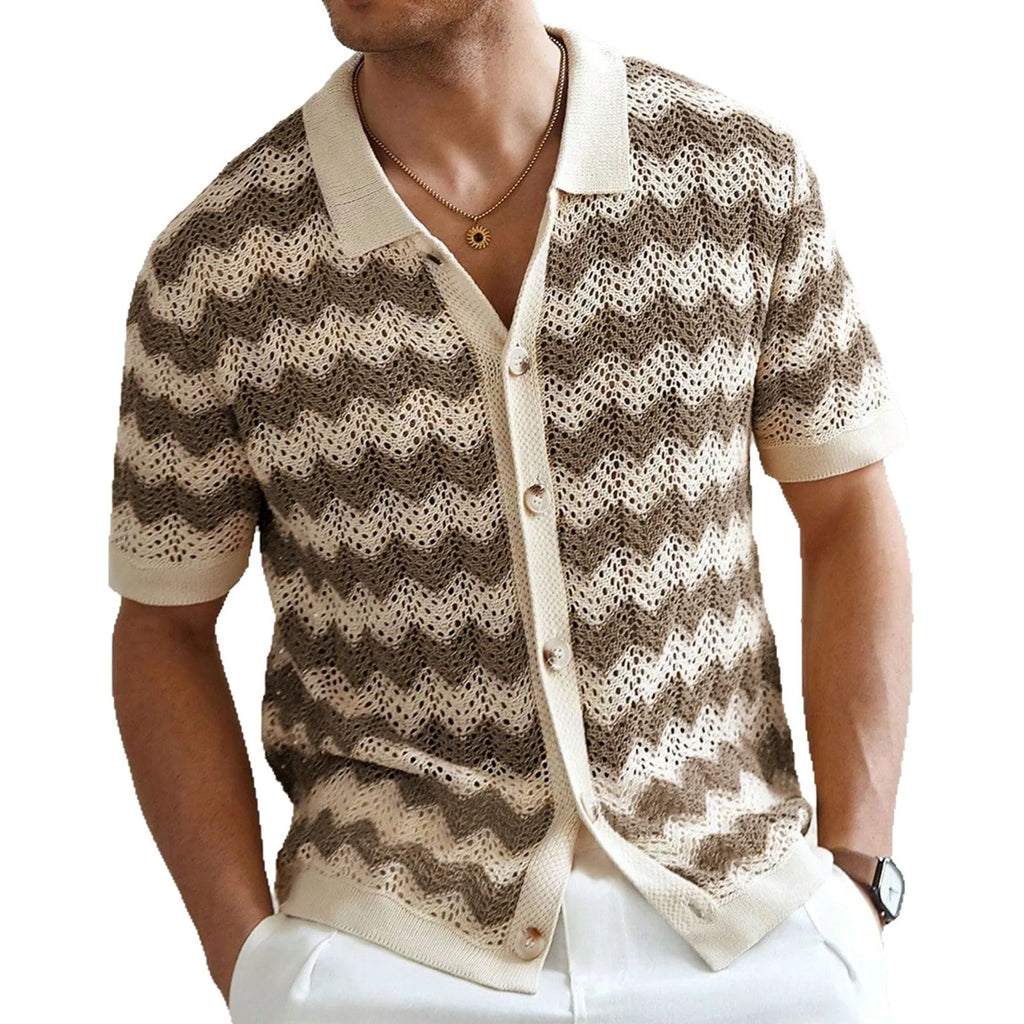 Man wearing a yellow hollow jacquard corrugated short sleeve sweater in an American casual style.