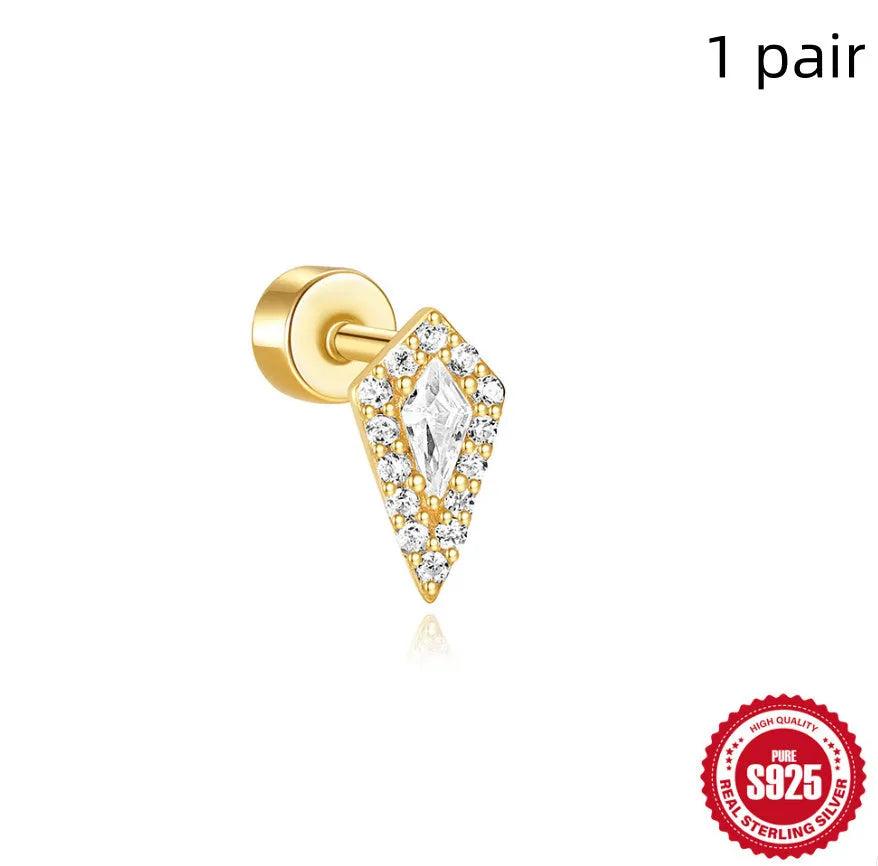 S925 sterling silver flat column geometric ear bone stud with threaded post in a gold colour finish.