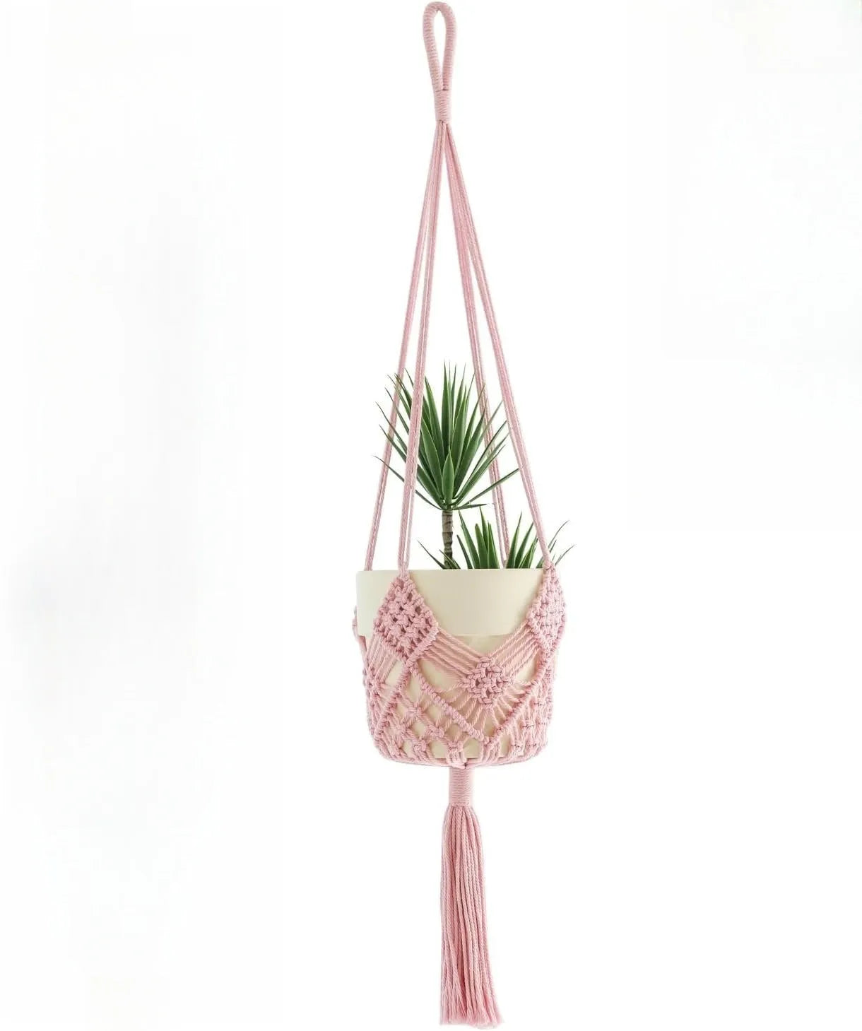 Hand-woven polyester cotton flower pot with net pocket design in brown colour