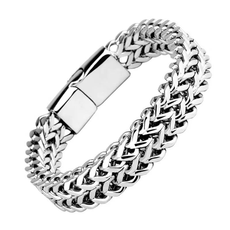 Silver stainless steel geometric hip hop bracelet showing front and back matching design