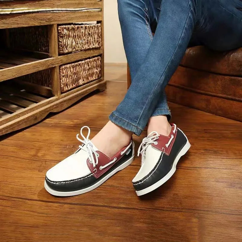 Men's British style casual breathable shoes in artificial PU, showing round toe and flat heel design.