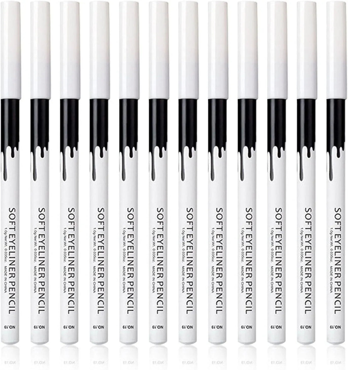 12 white and black retractable makeup pencils with a sharpener on a pink background